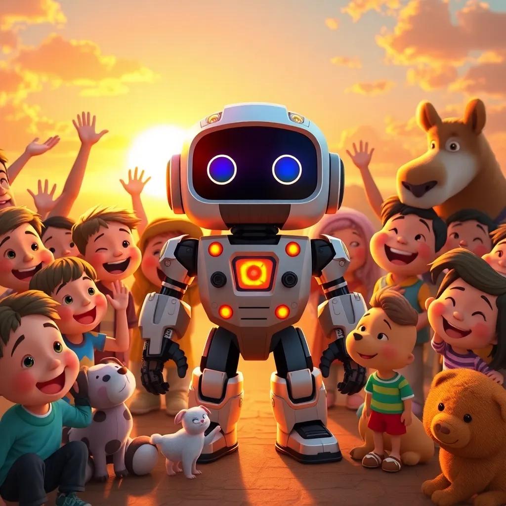 Robby, the brave little robot, surrounded by children and animals, celebrated with cheers and happy faces, beautiful sunset casting golden light, heartwarming togetherness, vibrant colors, high quality, child-friendly digital art