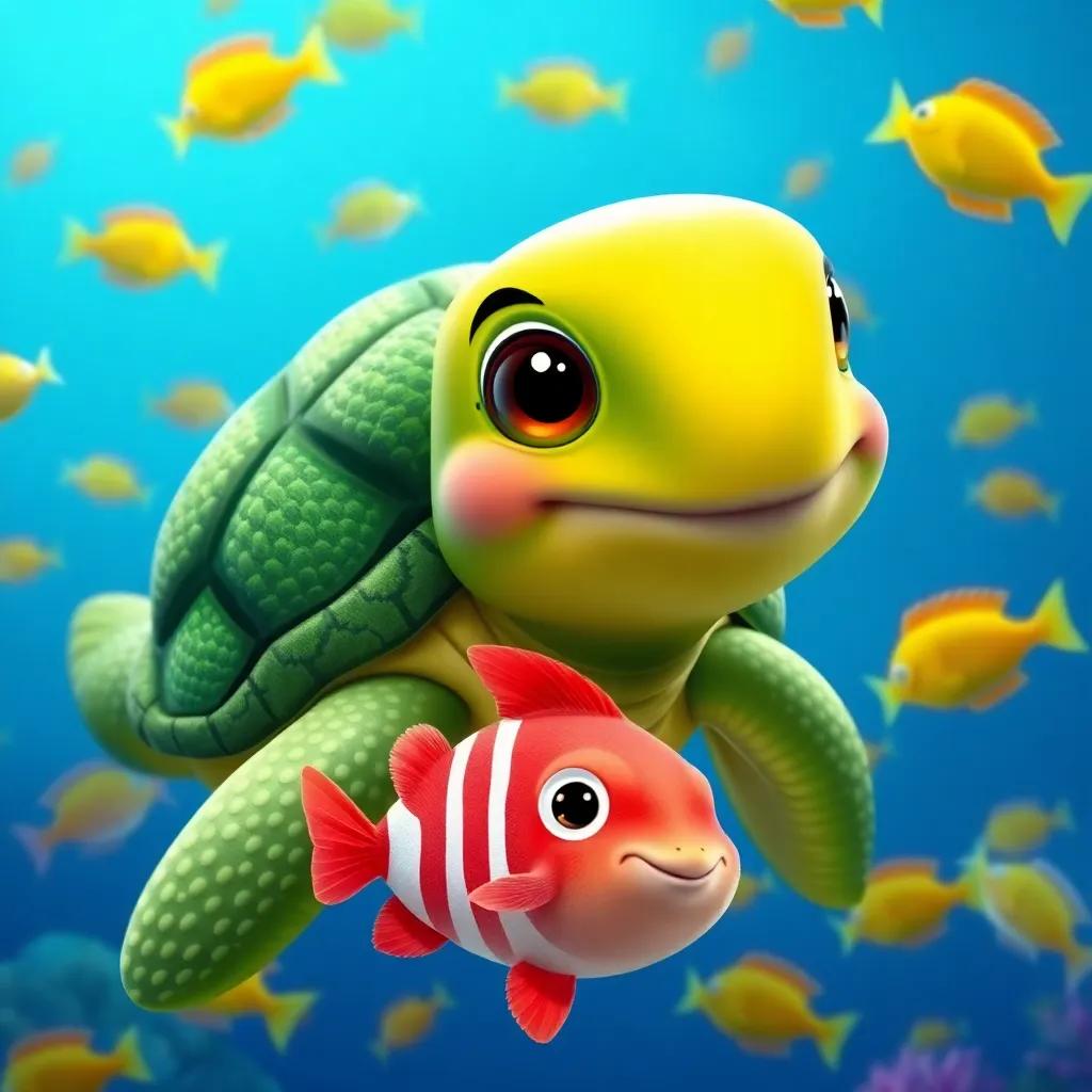 A wise turtle, Tilly, with a gentle smile and textured green shell, swimming beside Sammy in the deep blue ocean, surrounded by neon-colored fish, bright and inviting, friendly atmosphere