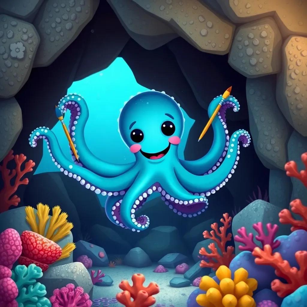 A cheerful octopus, Oliver, with eight playful arms and a friendly face, painting rocks inside his underwater cave, colorful coral around, fun and artistic, whimsical