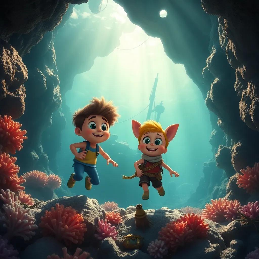 Sammy and Tilly exploring a mysterious shipwreck, filled with soft coral and ancient treasures, light filtering through water, exciting and adventurous, captivating scene