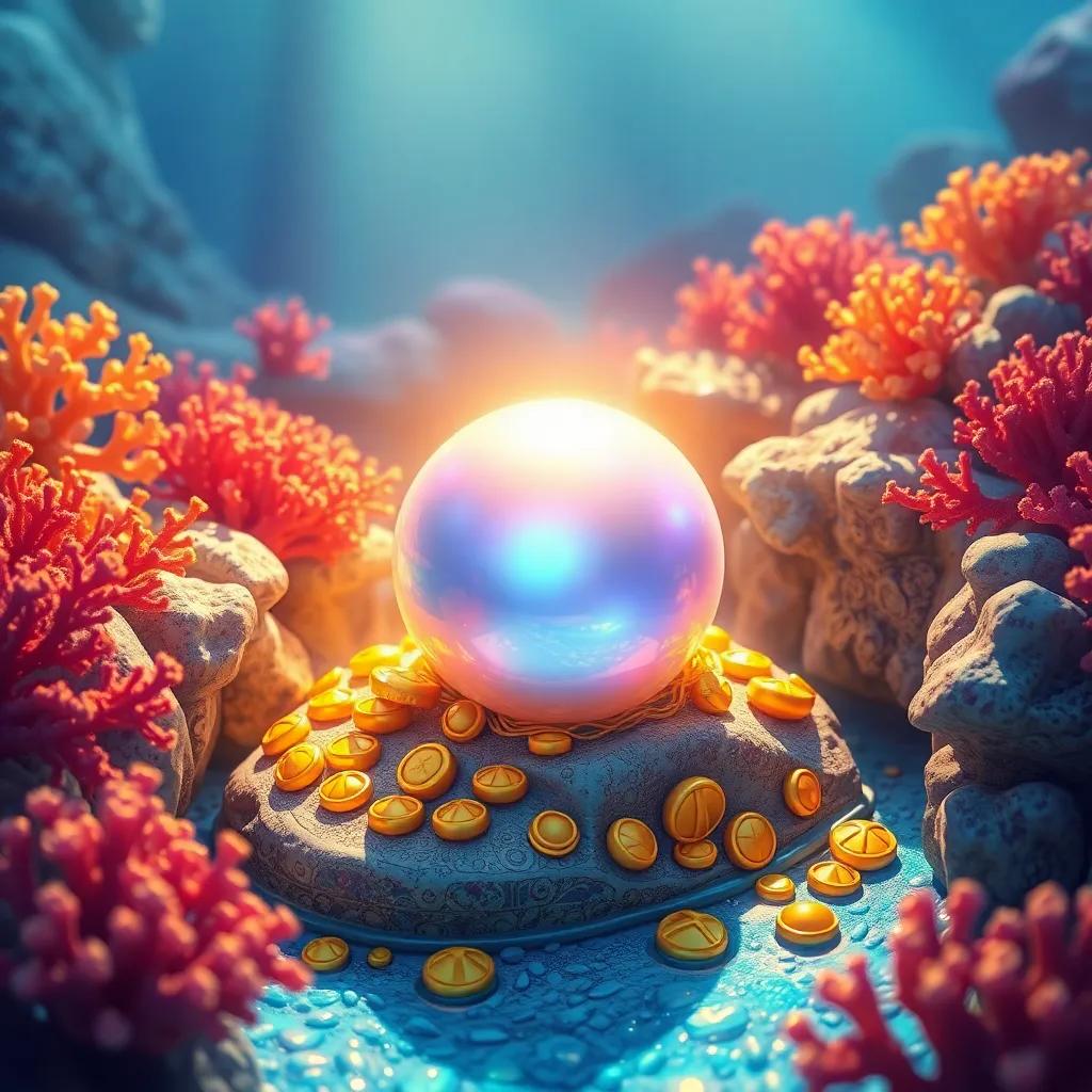 A shining pearl reflecting sunlight, surrounded by golden treasures, resting on a rock within the coral reef, colorful and vibrant, magical atmosphere