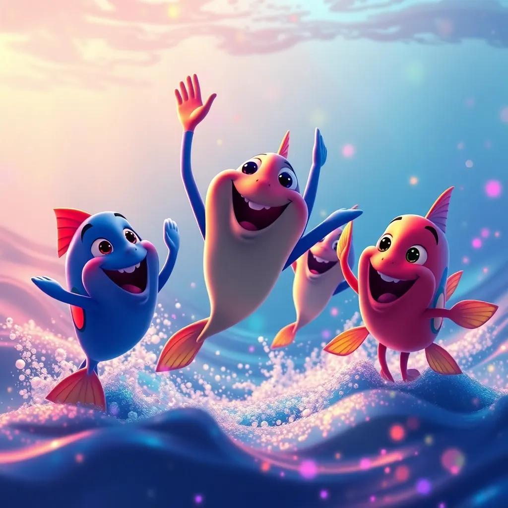 Sammy and his friends celebrating with a happy dance, the ocean around them alive with colors, creating a sense of joy and friendship, warm and colorful, uplifting