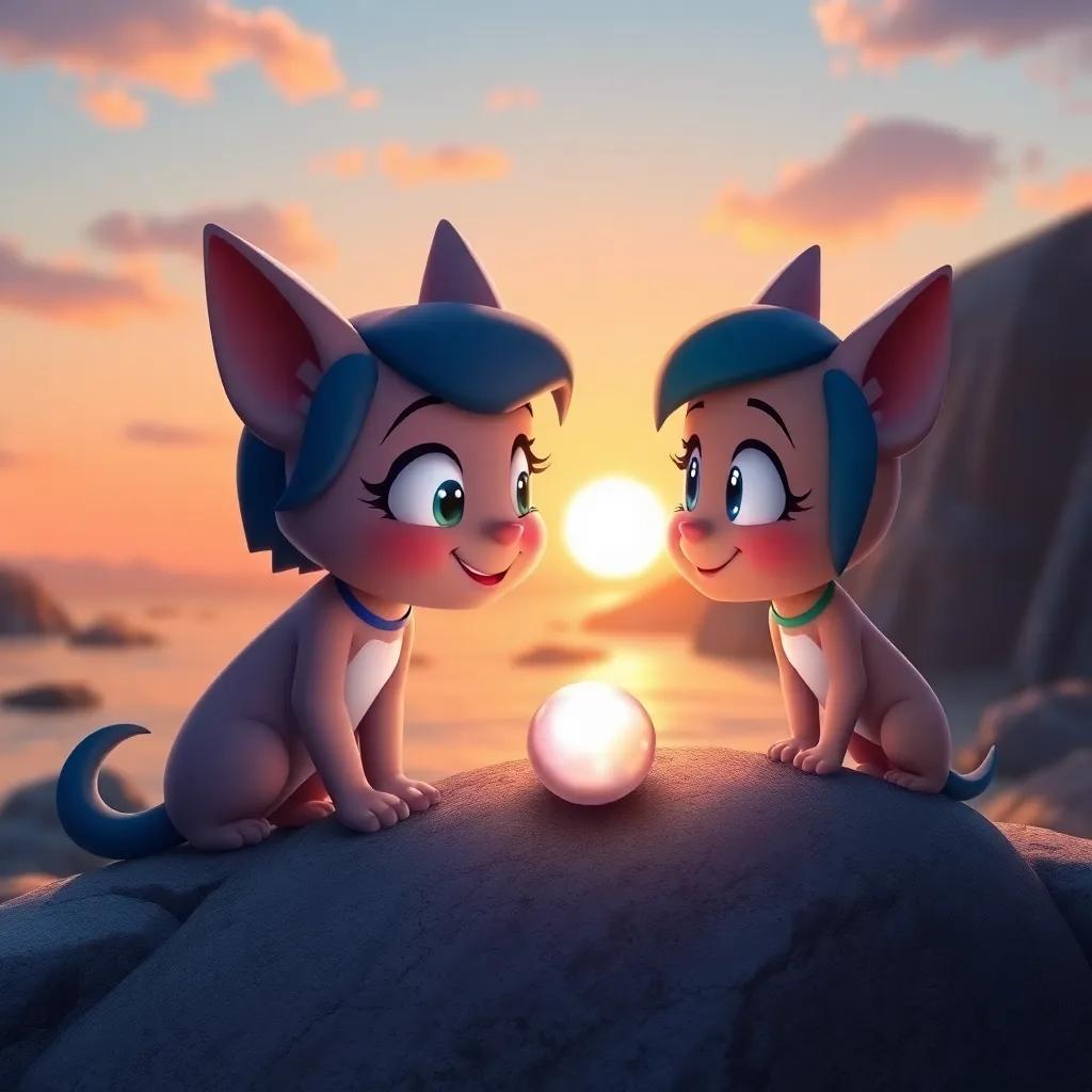 Tilly and Sammy gazing at the pearl on the special rock, with the sun setting in the background, highlighting the beauty of their friendship, heartwarming and serene, beautiful hues