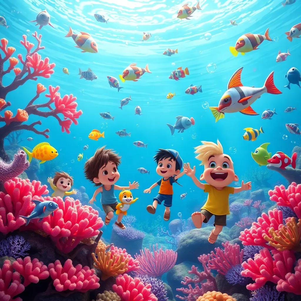 Sammy and his friends exploring underwater, filled with bright coral and diverse sea creatures, creating a sense of adventure, lively and engaging, captivating view