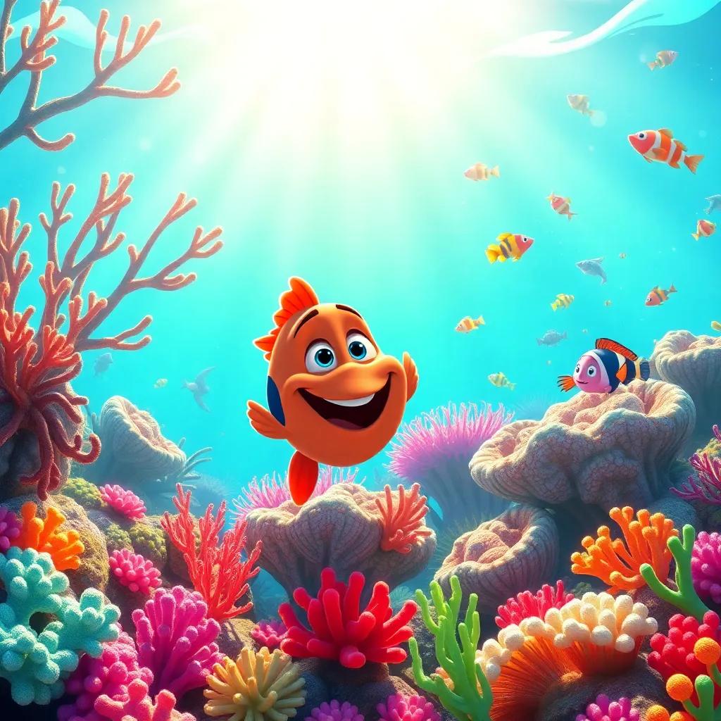 A beautiful coral reef shining with sunlight and a mix of colorful sea life, representing the joy and adventures Sammy and his friends share, bright and happy, enchanting scene