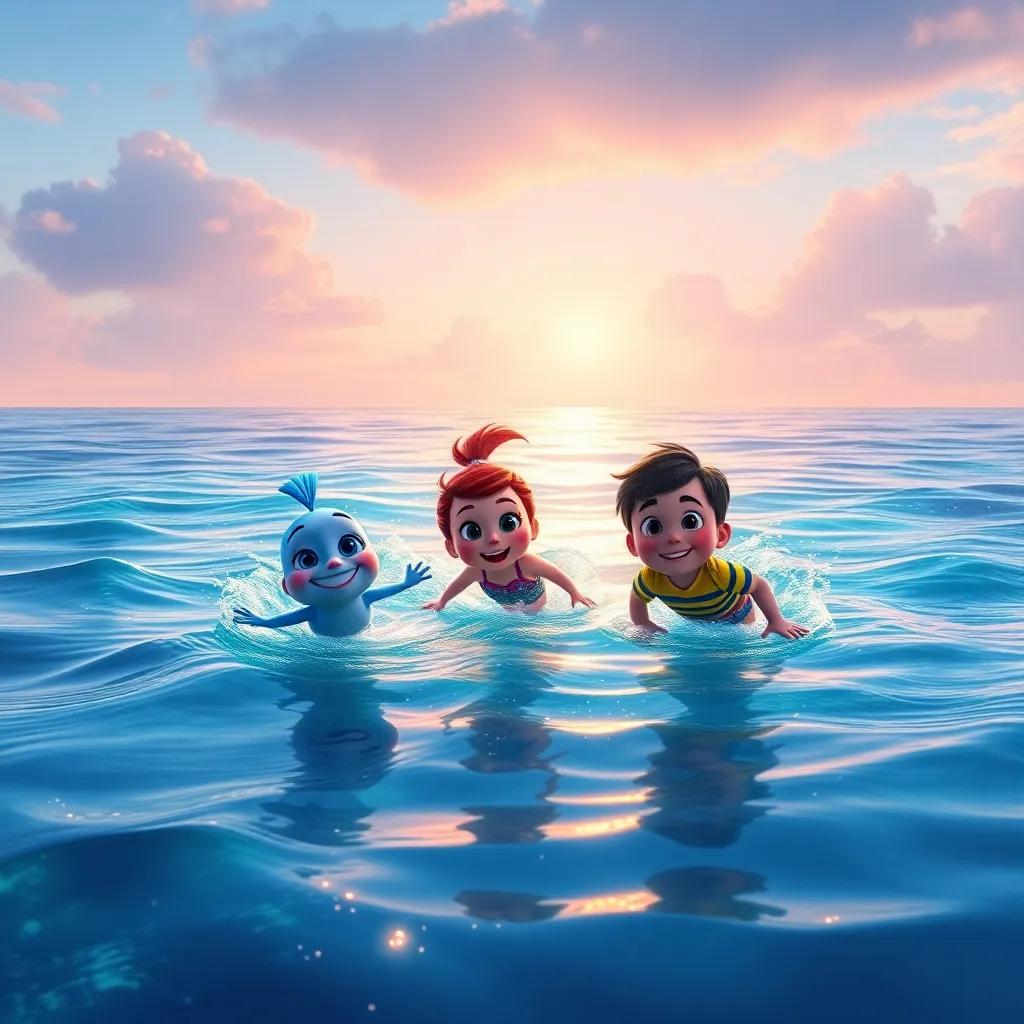 A serene view of the ocean with Sammy, Tilly, and Oliver swimming together, their journey symbolizing friendship and bravery, colorful and inviting, peaceful atmosphere