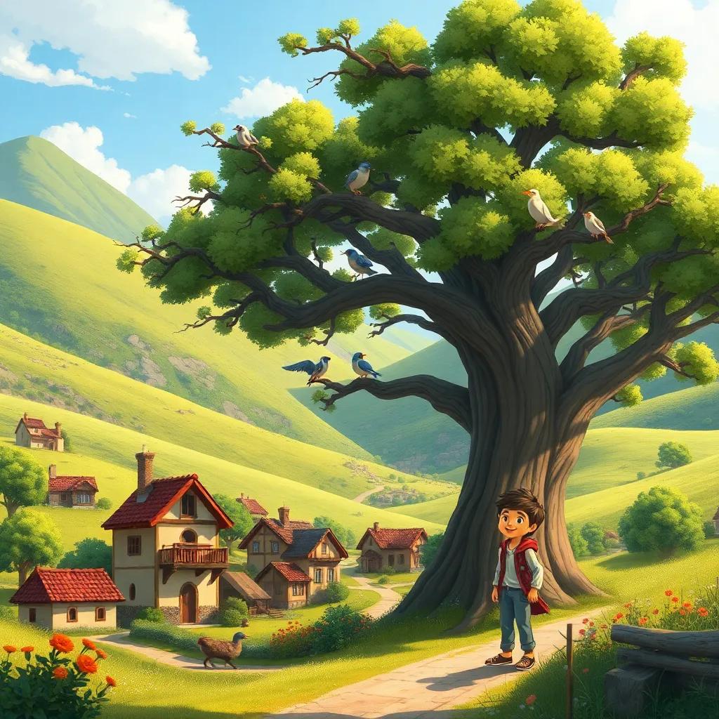 A cozy village nestled between rolling green hills, a cheerful boy named Fahd watching birds in a grand oak tree, bright sunny day, vibrant colors, detailed illustration, inviting atmosphere, high quality