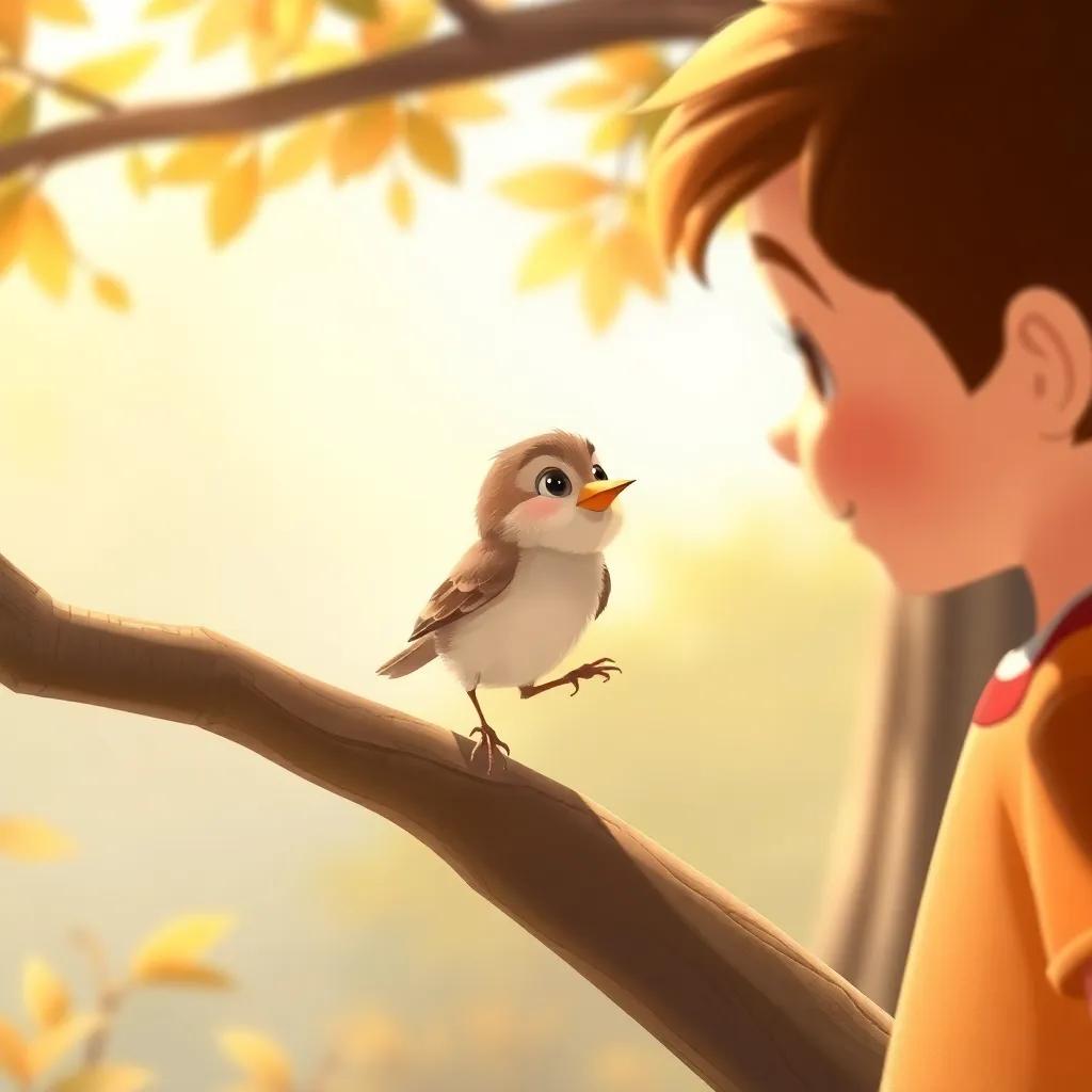 A tiny sparrow named Sammy, hopping nervously on a low branch, looking at a cheerful boy who is encouraging him, warm colors, gentle light, friendly perspective, vibrant illustration, high quality