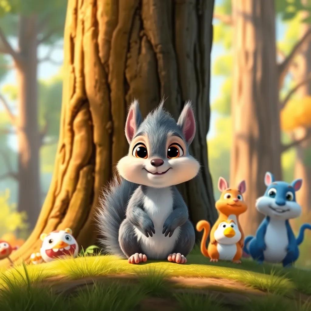 A tiny squirrel named Sammy, with fluffy grey fur and bright, curious eyes, sitting at the base of a tall tree with other colorful forest animals around him, digital art, cheerful, bright colors, warm sunny atmosphere, detailed scene