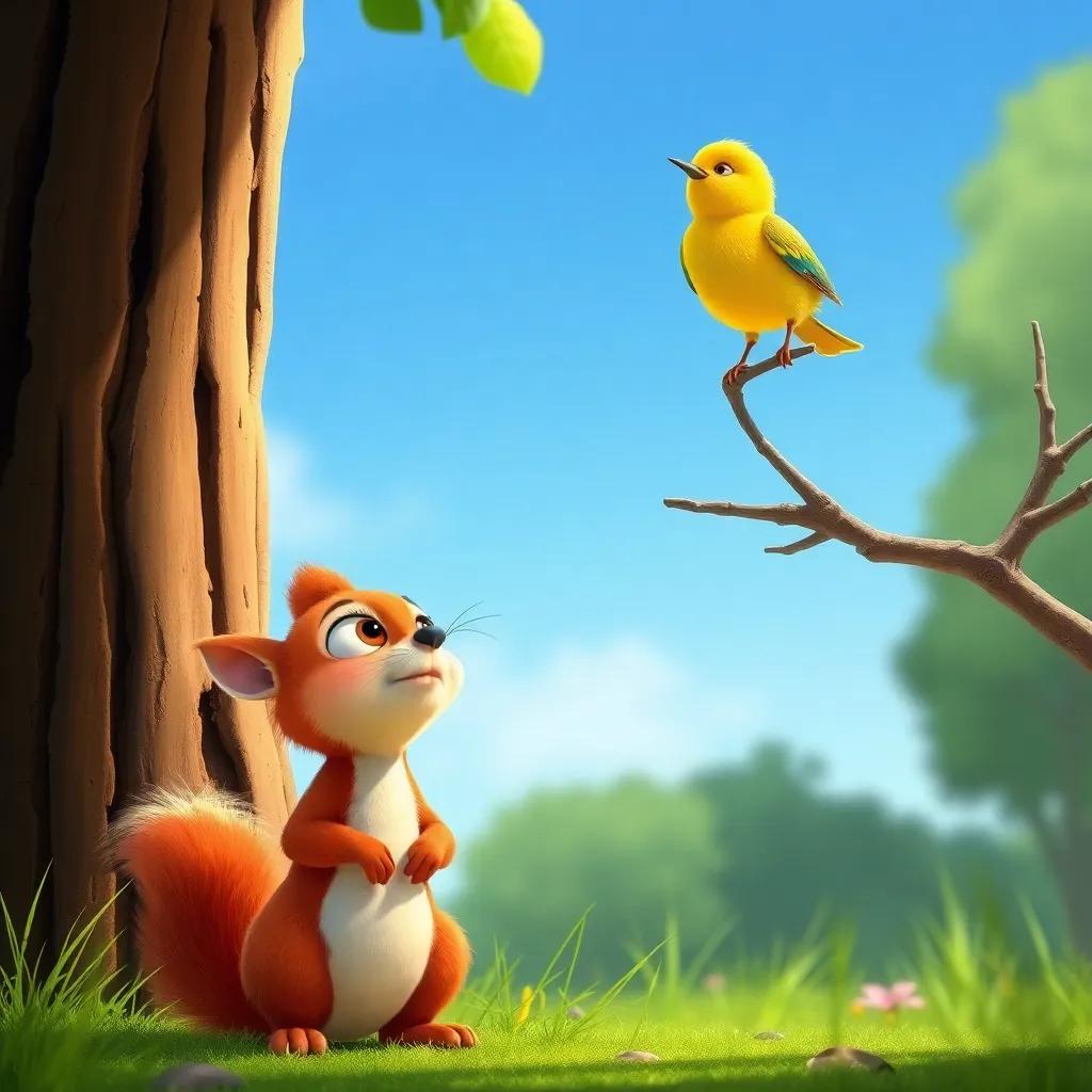 Sammy, the tiny squirrel, looking up at a tall tree with a worried expression, while Bella the bird, a small yellow canary, is perched on a high branch looking down, digital art, bright colors, engaging perspective, whimsical