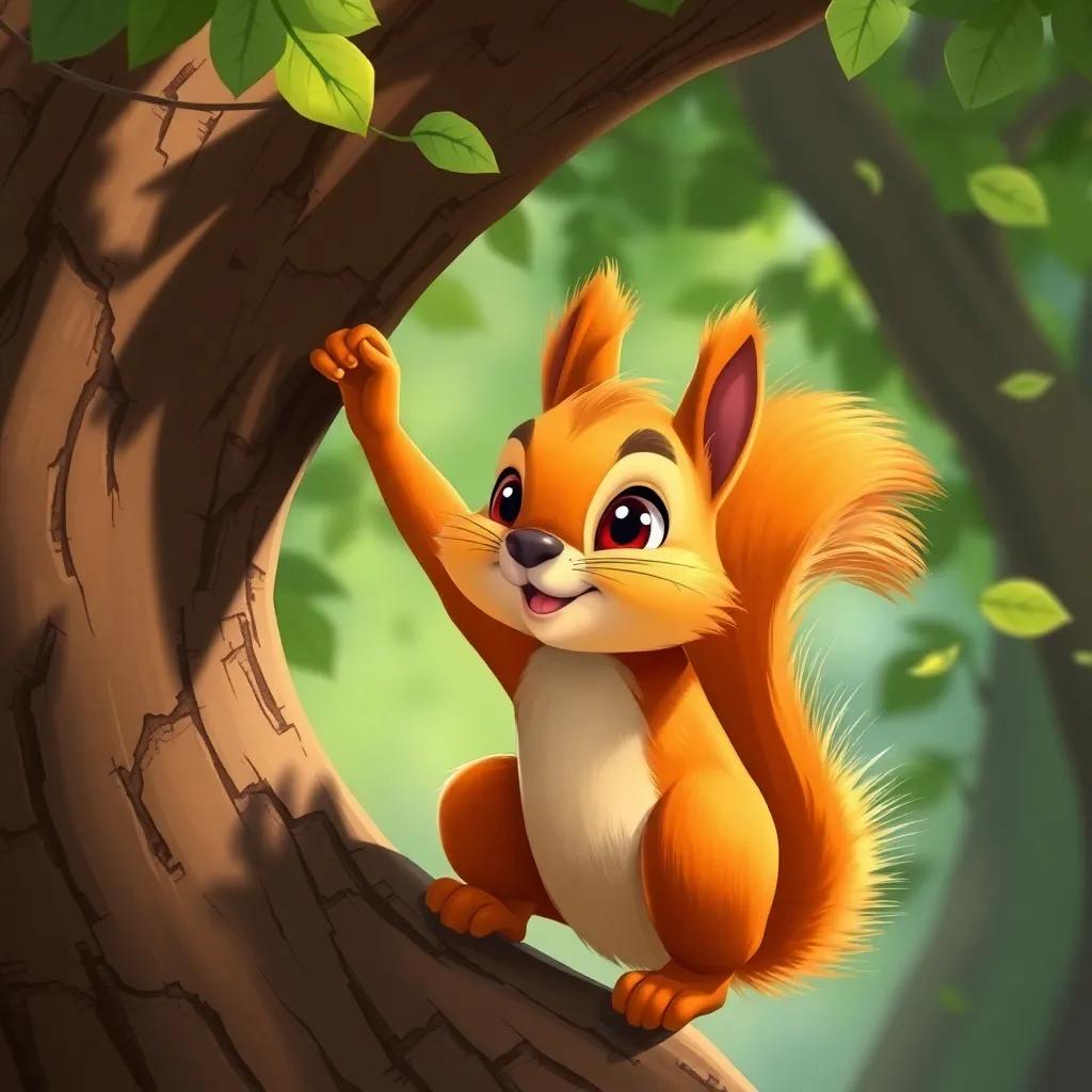 Sammy the squirrel, with determination in his eyes, starting to climb a branch of the tree, leaves fluttering around him, digital illustration, vibrant, uplifting scene, encouraging atmosphere