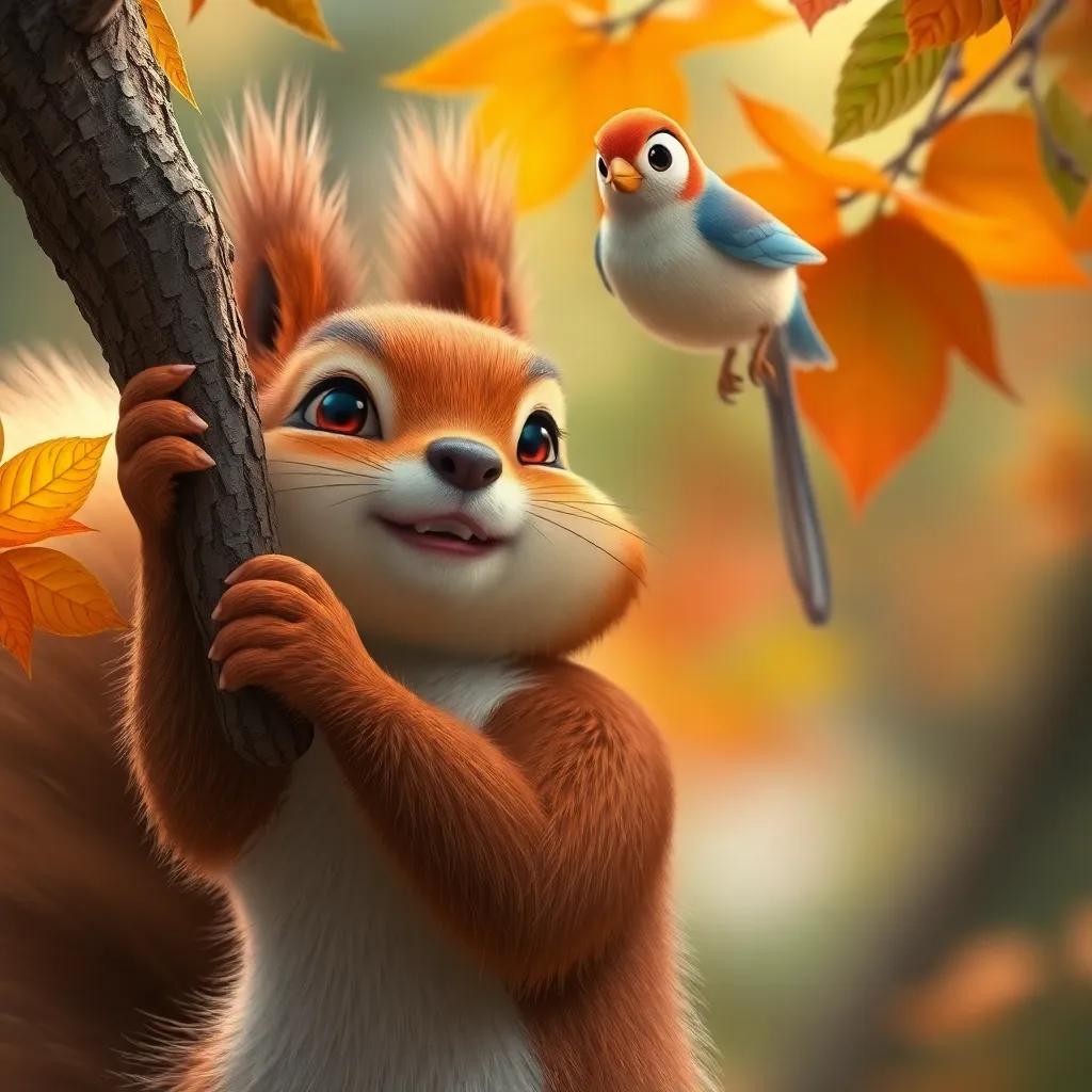 A close-up of Sammy the squirrel, with furry paws gripping a branch tightly, as he climbs higher with Bella the bird waiting at the top, colorful leaves around them, digital art, detailed, uplifting view