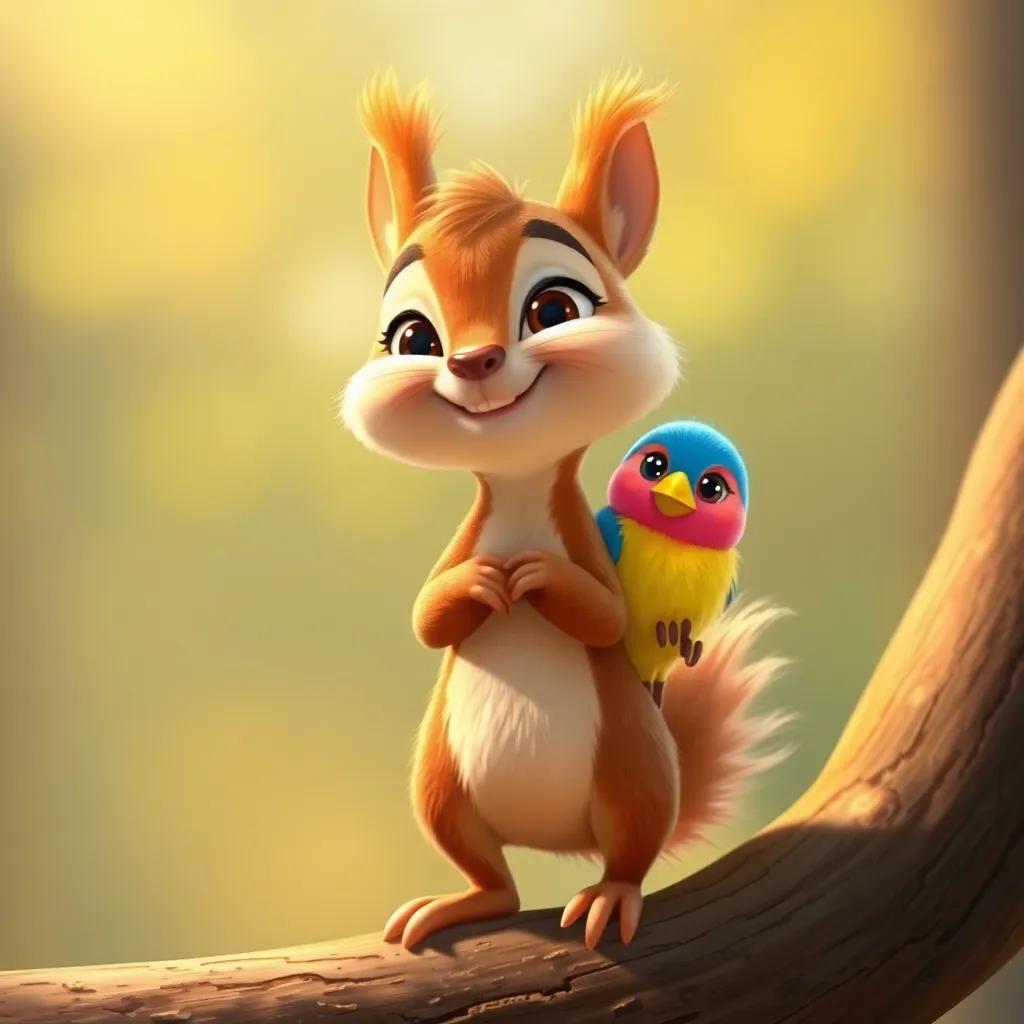 Sammy, a tiny squirrel with a proud smile, standing on a branch holding Bella the bird safely on his back, both characters looking happy, digital painting, warm colors, bright joyful atmosphere