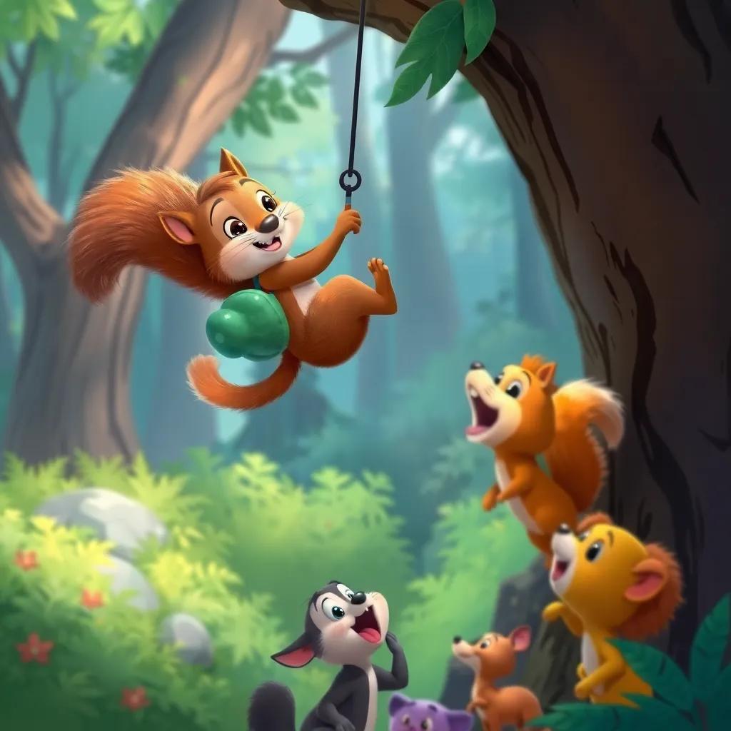 Sammy the squirrel, climbing down carefully with Bella on his back, while other forest animals watch below with excitement, illustration, colorful, dynamic composition