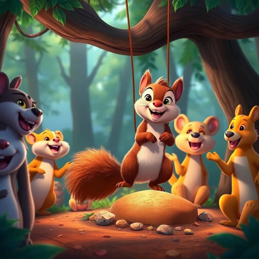 Sammy, a brave squirrel, reaching the ground safely with Bella, surrounded by cheering forest animals, who look delighted, digital art, vibrant and cheerful scene, heartwarming