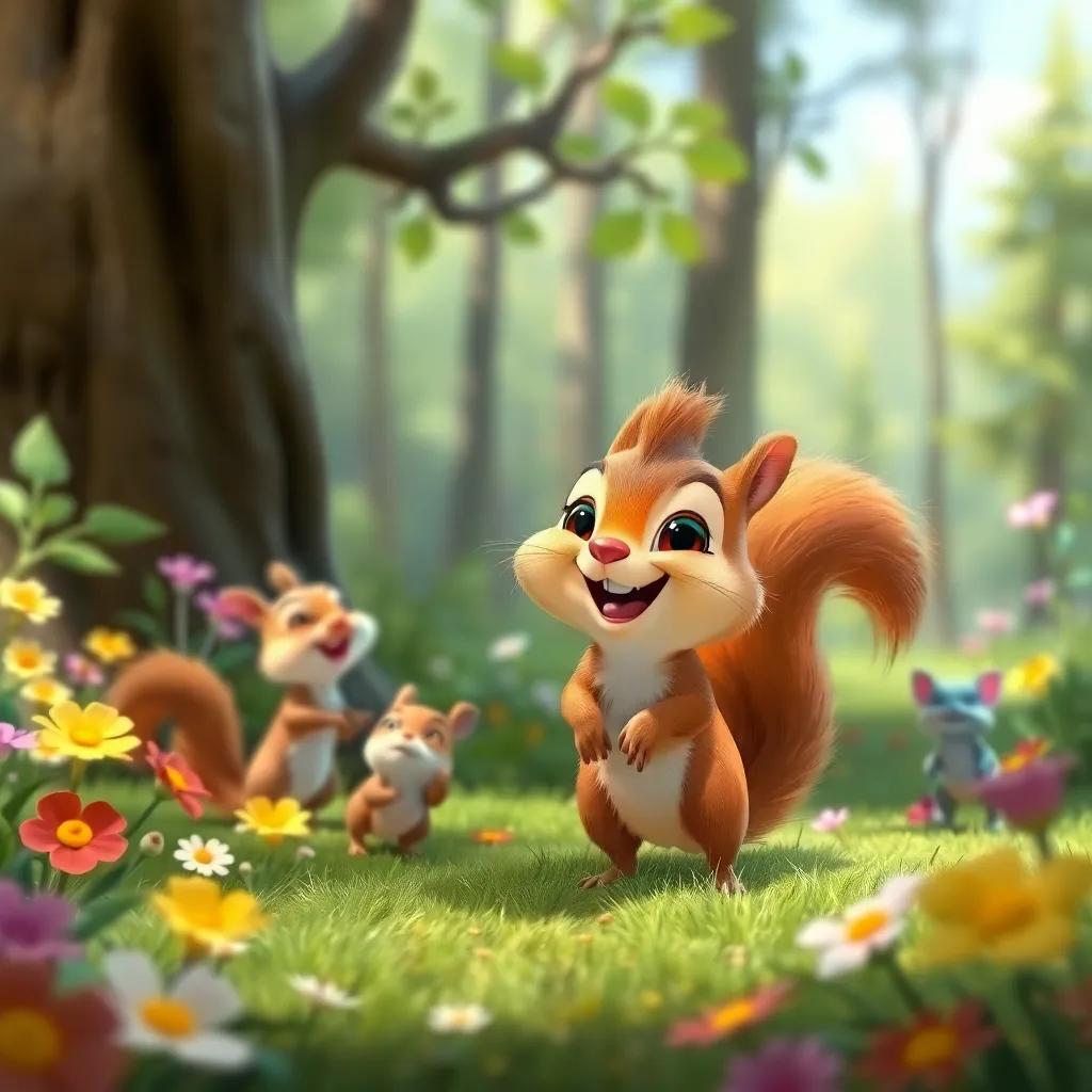 Sammy, a tiny squirrel smiling widely, playing with his friends in the forest, with trees and colorful flowers around them, digital art, joyful and bright, lively atmosphere, engaging scene