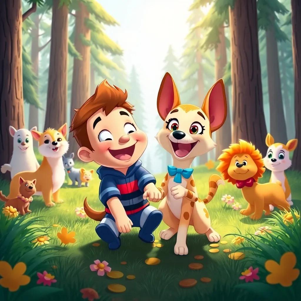 A happy scene of Sammy and Bella playing together in the forest, with other animals around them, surrounded by trees and sunshine, digital illustration, cheerful colors, lively detail, inviting