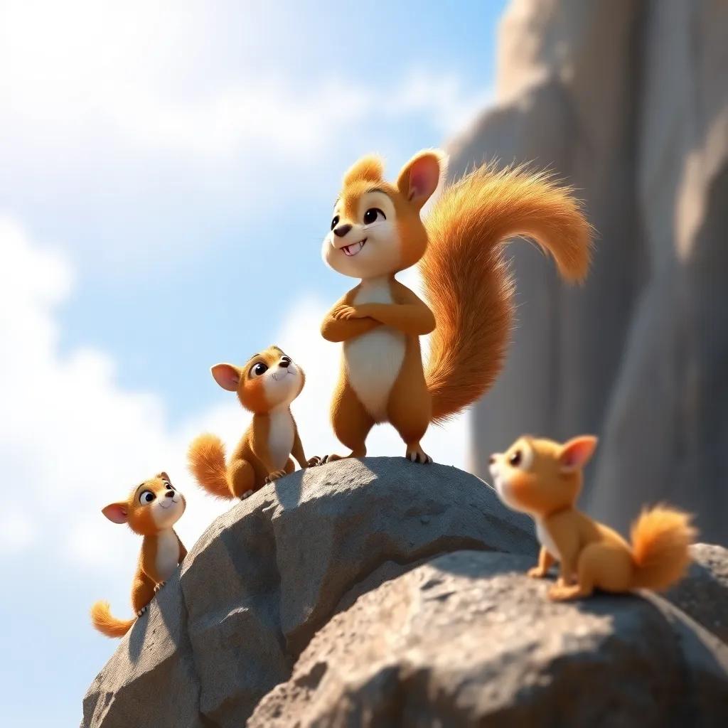 Sammy, the tiny brave squirrel standing on top of a rock, looking proud and confident, as other little animals look up to him, bright sky in the background, digital art, inspiring and warm colors