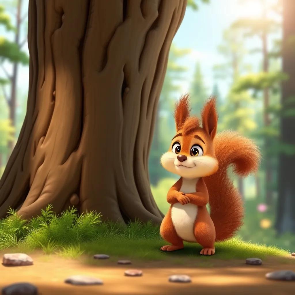 A tiny squirrel named Sammy with fluffy brown fur and a bushy tail, standing at the base of a tall tree with a worried expression, bright sunny day, vivid colors, cheerful forest environment, digital art, child-friendly, cute style, high quality