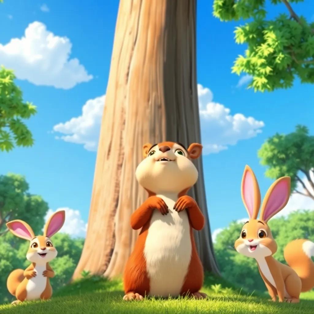 Sammy the squirrel looking up at the tall tree, with other animal friends like Bella the bunny nearby, sunny scene with blue sky and fluffy clouds, exciting atmosphere, cartoon style, vibrant colors, cheerful, high quality