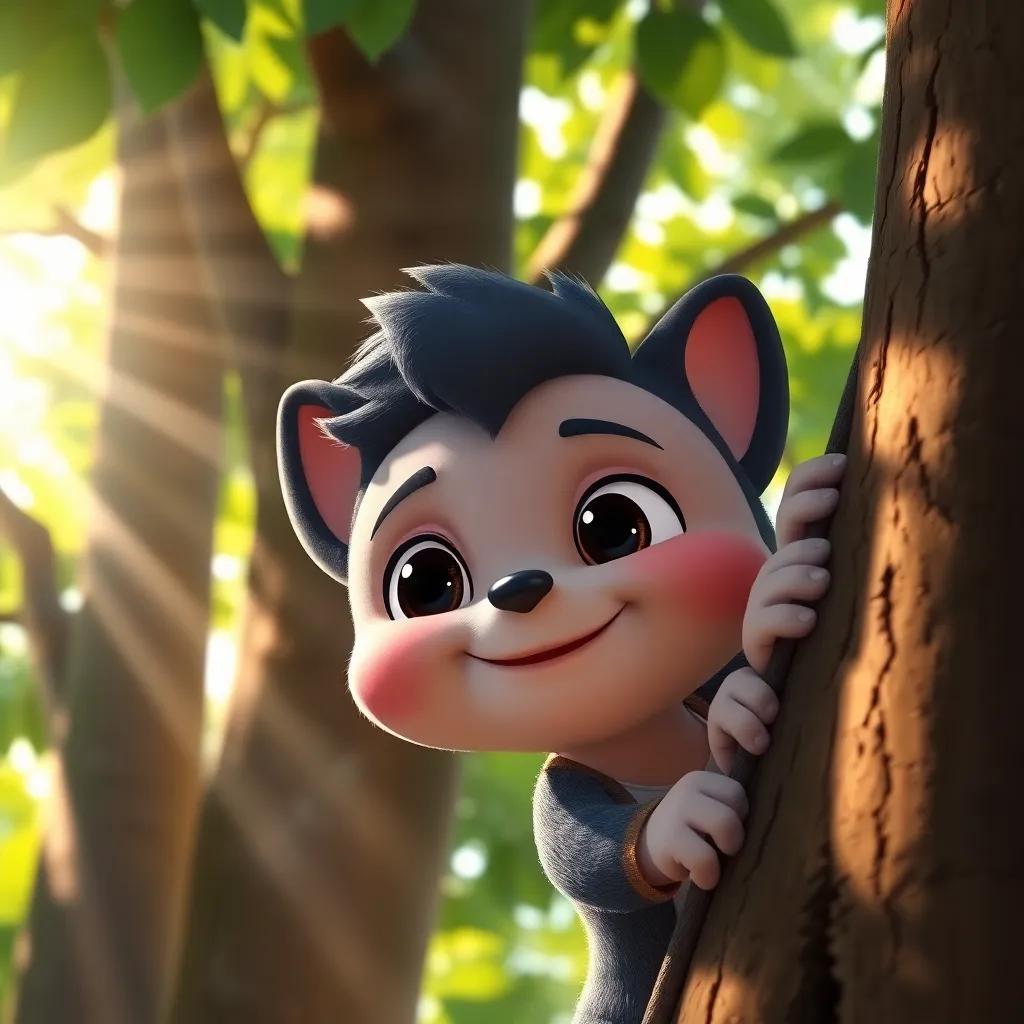 A close-up of Sammy's determined face, climbing the tall tree with a tiny smile, rays of sunlight shining through the leaves, inspiring moment, cheerful and bright, digital illustration, high quality