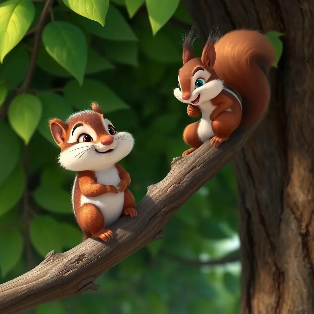 Charlie the chipmunk clinging to a tiny branch, looking scared but safe, Sammy the squirrel climbing up to help him, background of green leaves and tree bark, colorful and friendly atmosphere, illustration, child-friendly, high quality