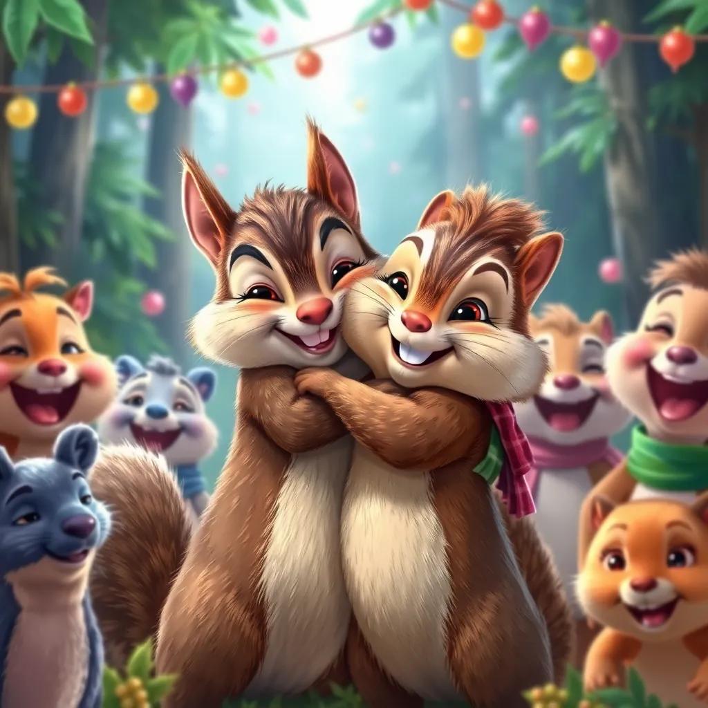 Sammy the squirrel and Charlie the chipmunk hugging after being rescued, surrounded by happy friends, festive mood with smiles and celebration, lush forest backdrop, joyful colors, illustration, digital art, high quality