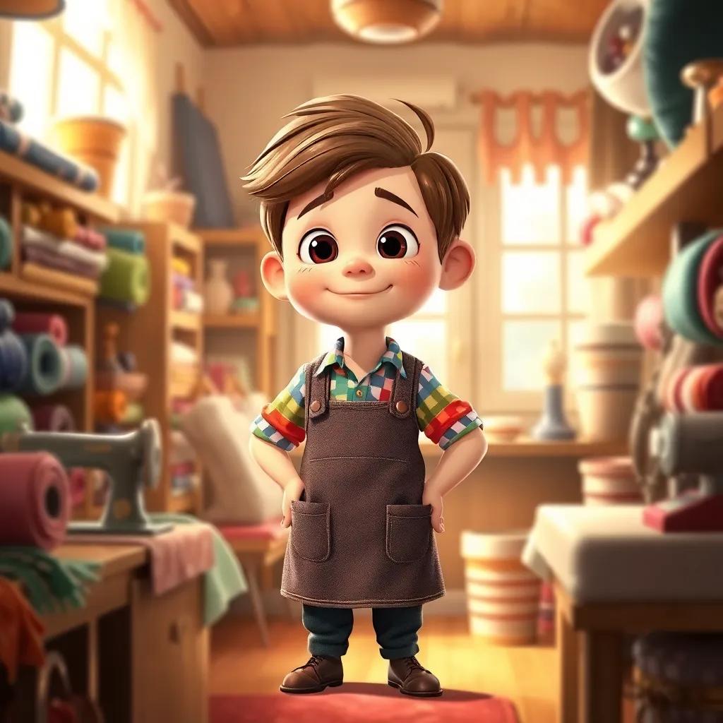 A little tailor, with short brown hair, wearing a colorful shirt and apron, standing proudly in his small, cozy shop filled with rolls of fabric and sewing tools, a bright window letting in warm sunlight, cheerful atmosphere, digital art, vibrant colors, inviting scene, high quality