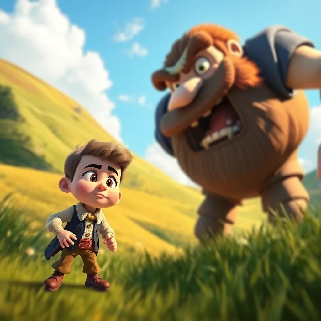 The little tailor, with a determined look on his face, cleverly tricking the giant, as the giant appears surprised, surrounded by rolling hills and a clear blue sky, action-packed, bright colors, engaging perspective, high-quality digital art