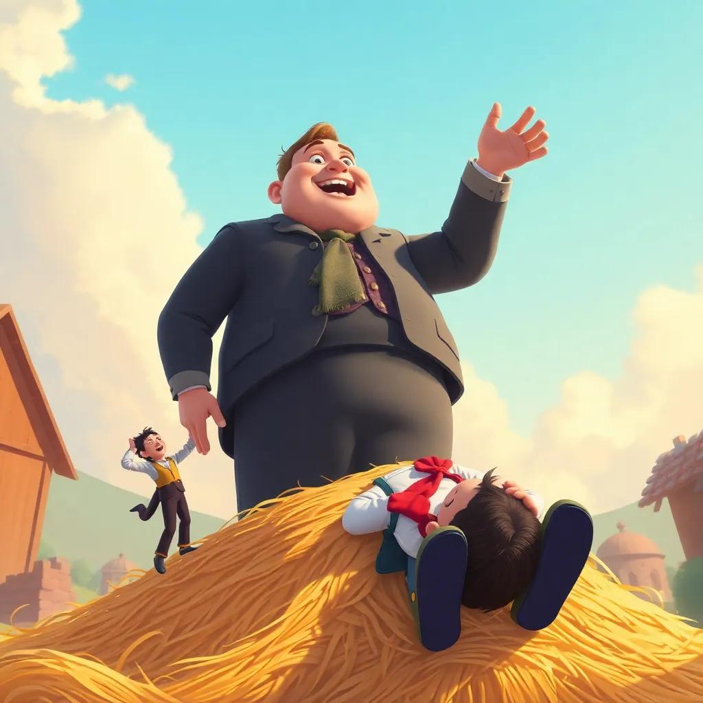 The giant, falling backward comically after being outsmarted by the clever tailor, in a funny perspective as the giant lands softly on a pile of hay, showcasing laughter and surprise, cheerful and warm colors, playful illustration