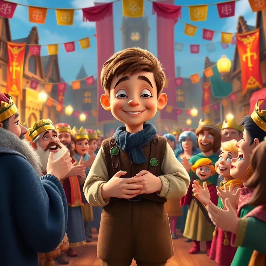 The little tailor, smiling humbly, surrounded by kings and townsfolk who are cheering and celebrating him in the town square, filled with colorful banners and decorations, joyful atmosphere, vibrant digital art, lively crowd