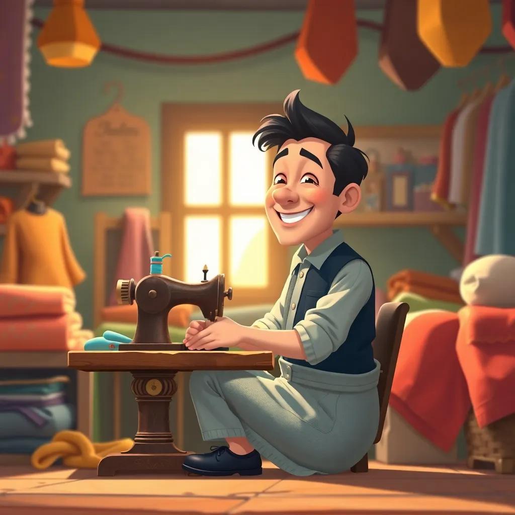 The little tailor, back at his shop happily sewing and smiling, with bright fabrics around him and a light streaming through the window, embodying peace and contentment, warm colors, uplifting scene, high quality