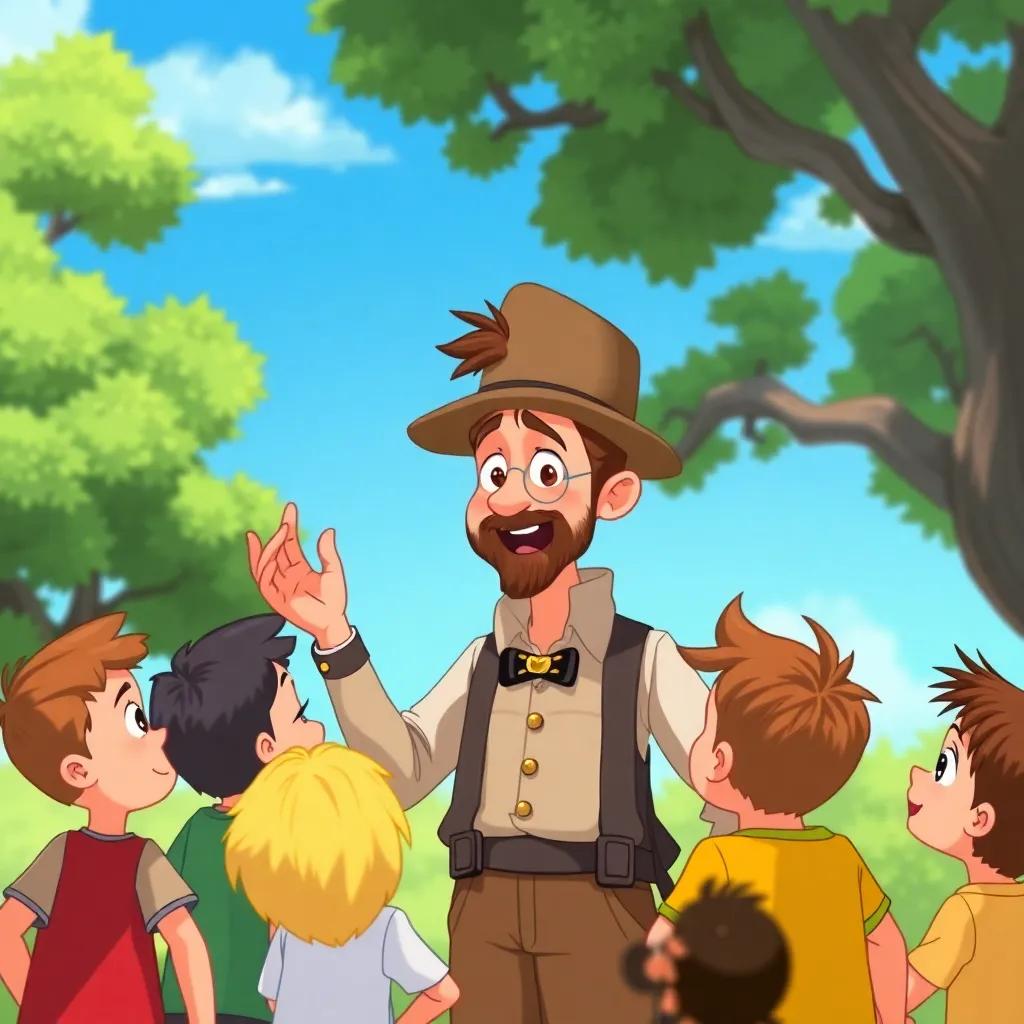 The little tailor, telling a group of children about his adventure, with a sense of wonder and excitement, trees behind him and a bright blue sky overhead, whimsical style, colorful and engaging illustration