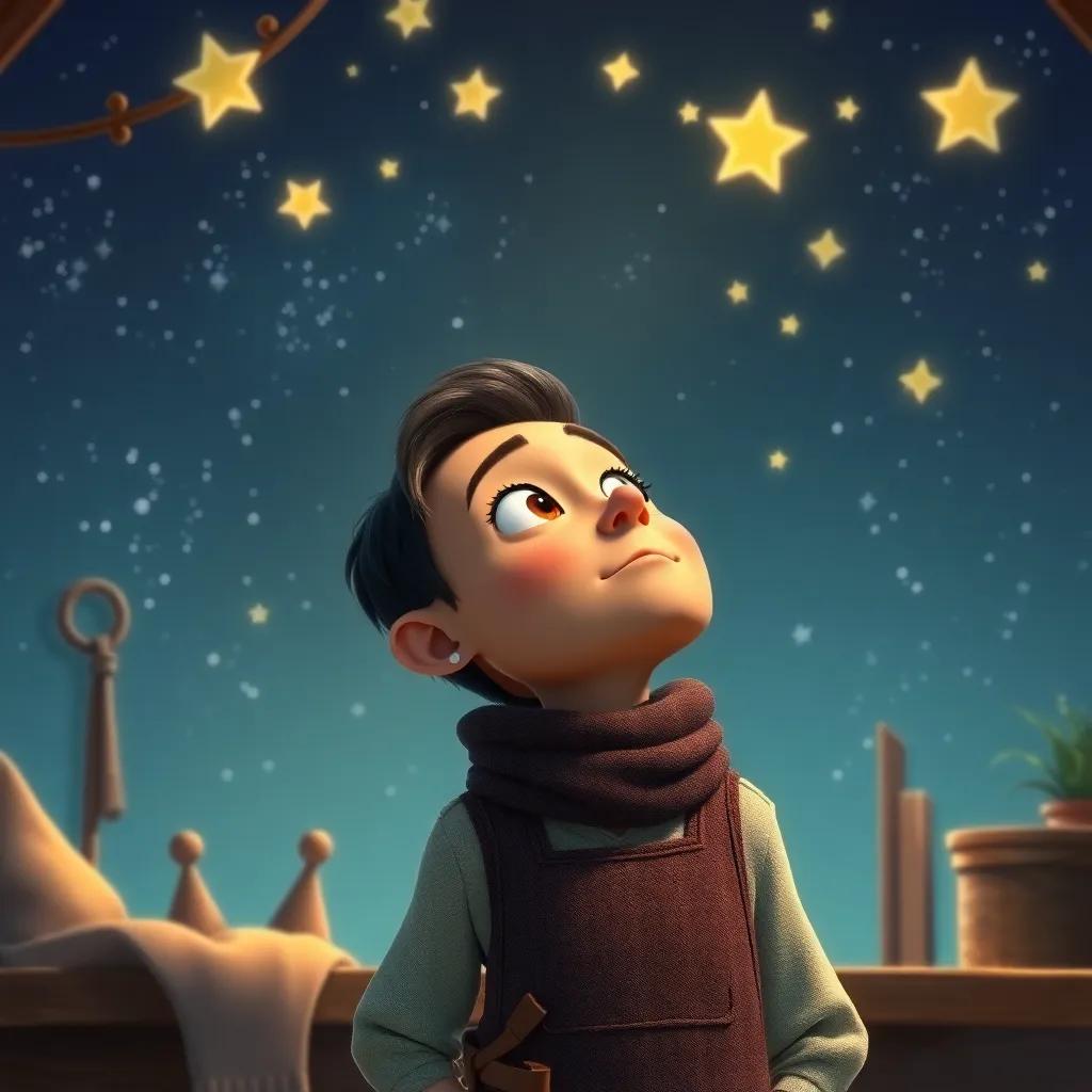 The tailor, looking above with a thoughtful expression, a peaceful cozy scene with stars twinkling in the night sky, symbolizing dreams and aspirations, colorful digital art, encouraging and inspirational atmosphere