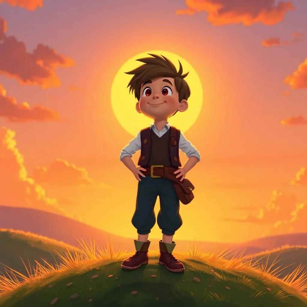 The little tailor, standing tall on a hill, looking at a vibrant sunset after his adventures, radiating confidence and dreams for the future, warm sunset colors, hopeful feeling, high-quality illustration