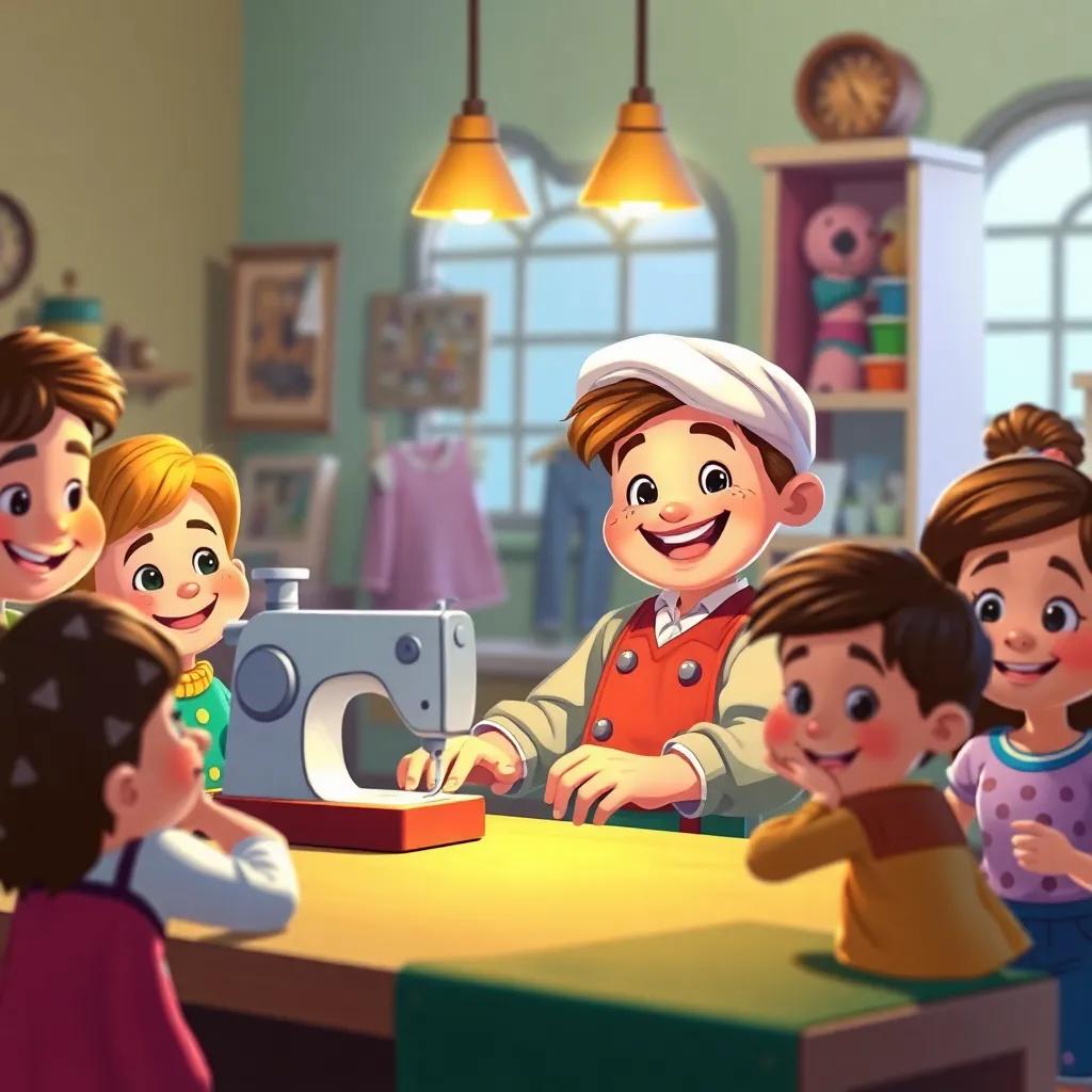 The little tailor, with a bright smile, sewing clothes for children in his workshop, surrounded by happy children waiting eagerly, colorful and cheerful, conveying joy, digital art, inviting and warm atmosphere