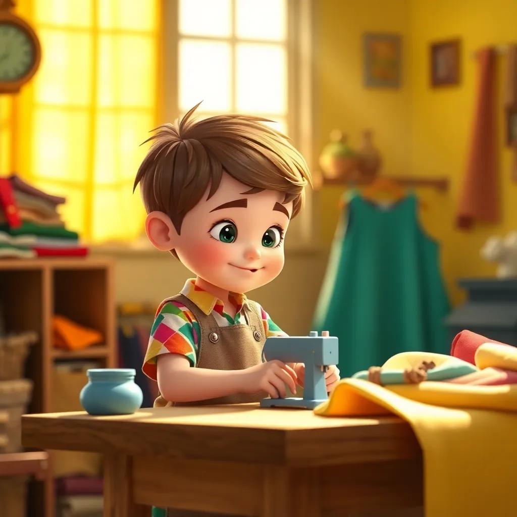 A little tailor, a young boy with short brown hair, wearing a colorful shirt and apron, happily sewing at a wooden table filled with fabrics, bright sunlight, cheerful atmosphere, child-friendly