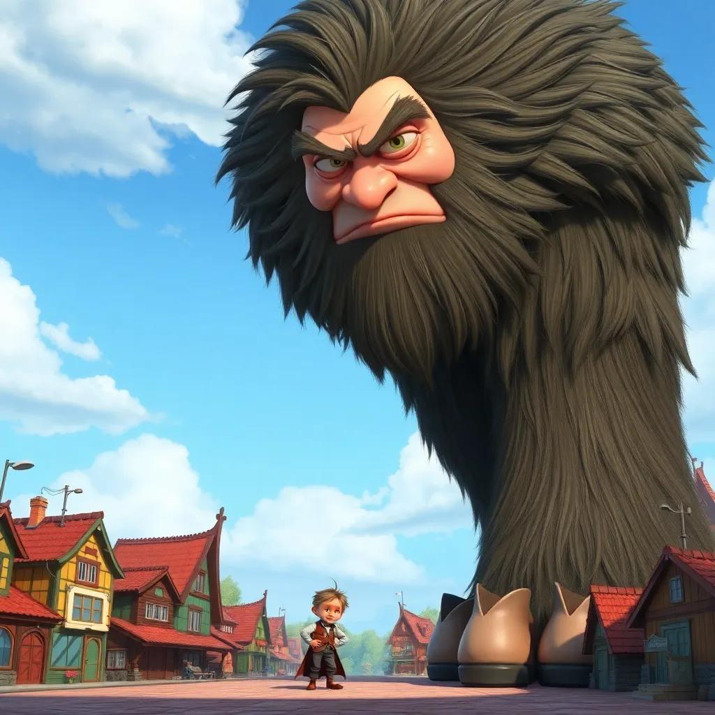 A giant, tall and big, with shaggy hair and a frown on his face, towering over the little tailor as he stomps around a colorful village, exaggerated size, cartoonish style, humorous