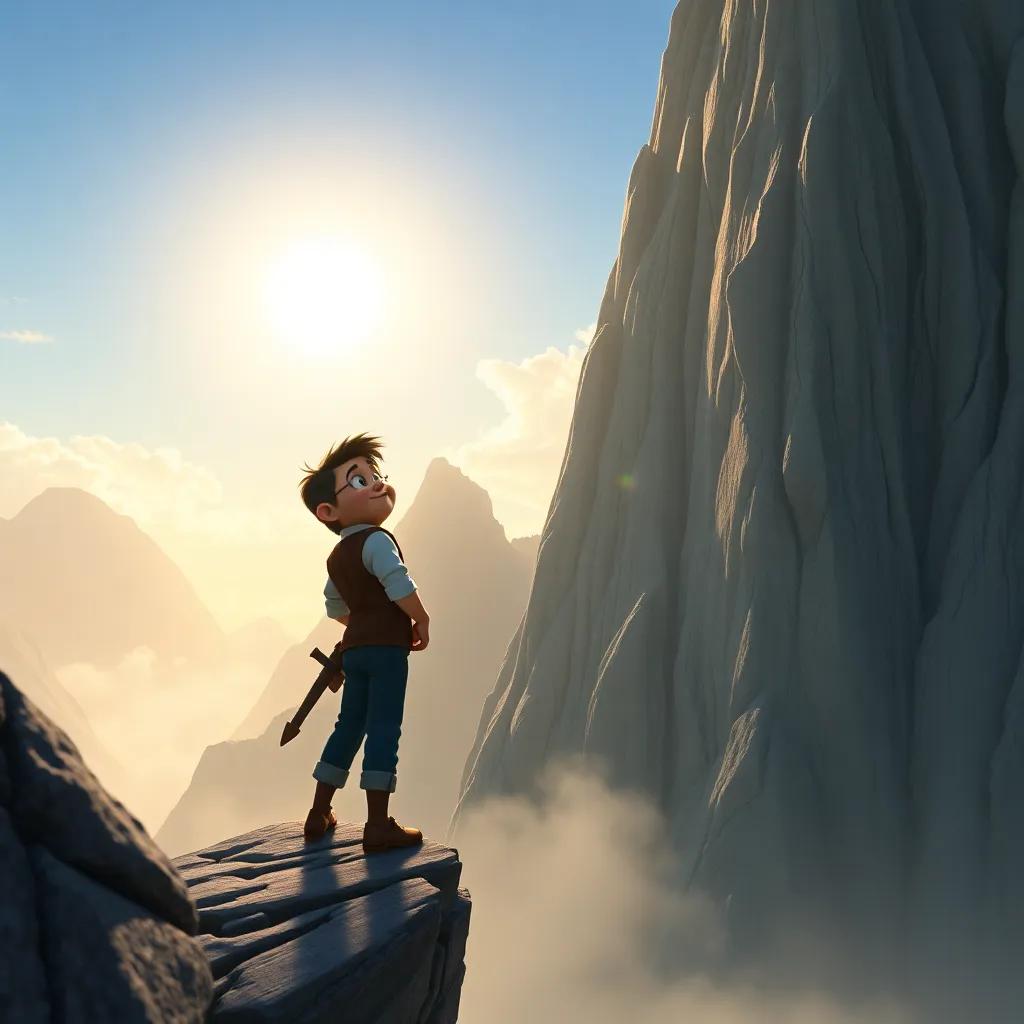 The little tailor standing at the edge of a tall mountain, confidently looking at the giant jumping over the edge, a bright sky, dynamic pose, high details