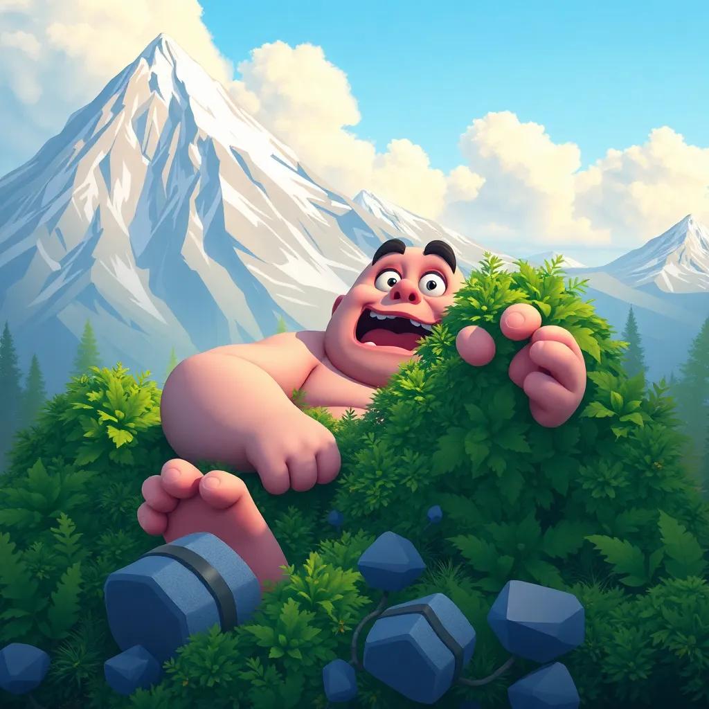 A giant, rolling down a mountain, tangled in bushes, looking surprised and silly, vibrant colors, cartoon style, joyful scene