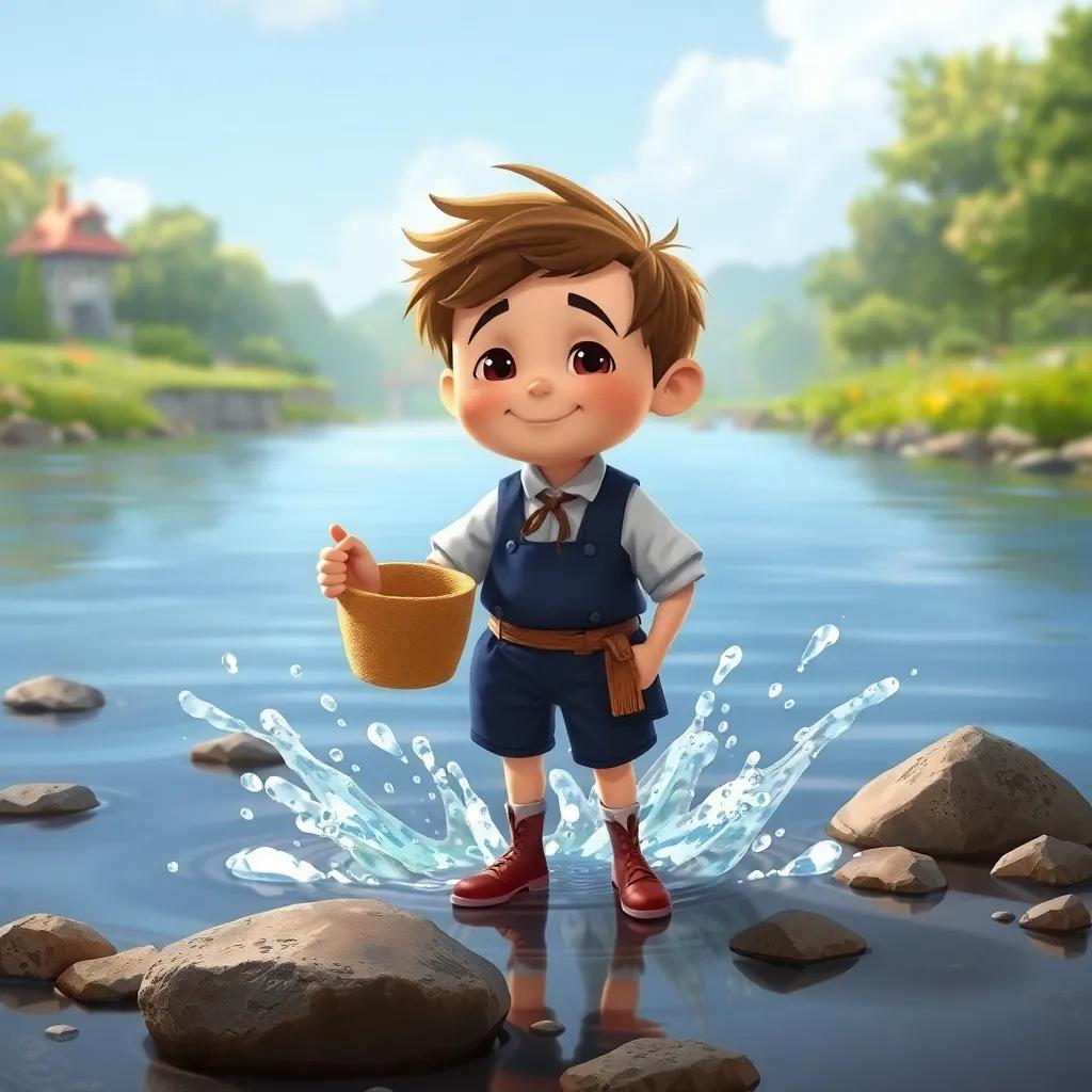 The little tailor by a river, pretending to be in distress, with splashes of water around, a playful atmosphere, cleverly drawn, child-friendly