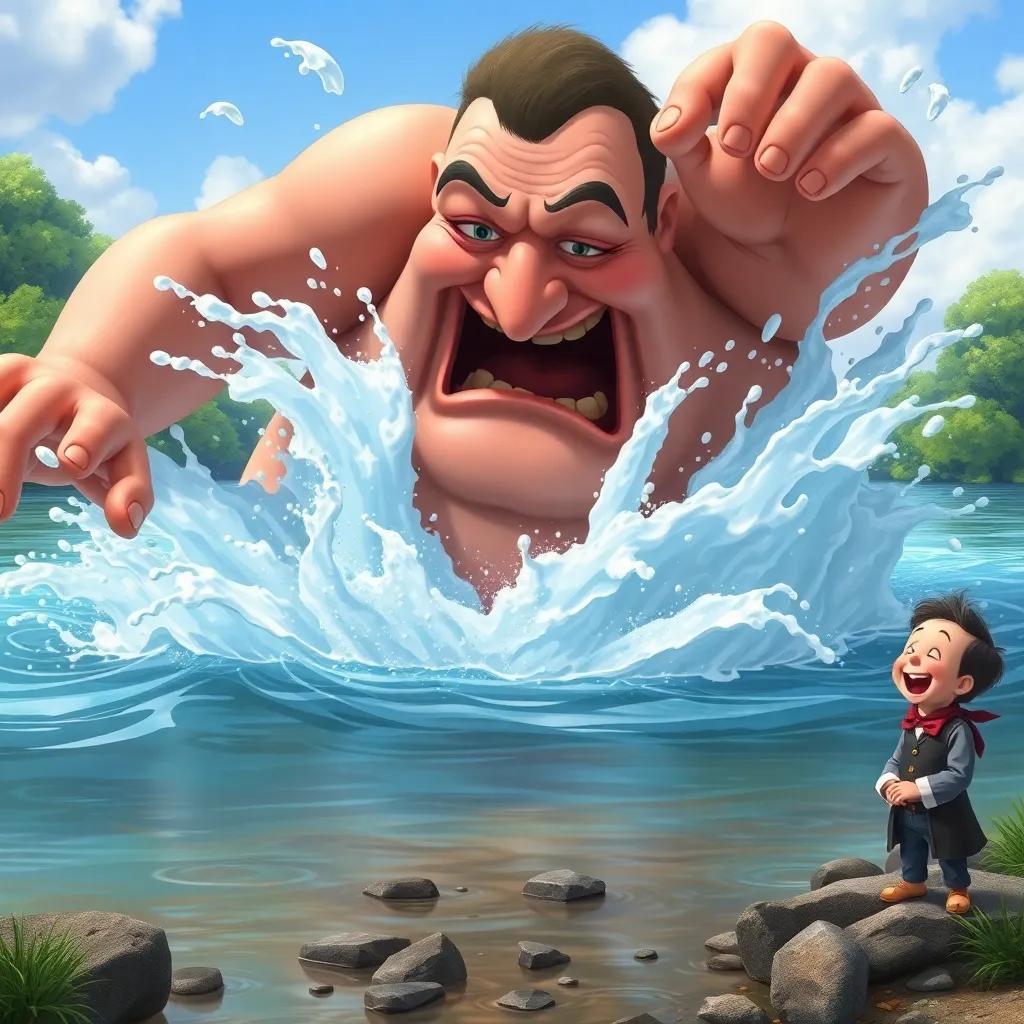 The giant floundering in the river, splashing water everywhere, looking panicked while the little tailor laughs on the riverbank, humorous depiction, colorful