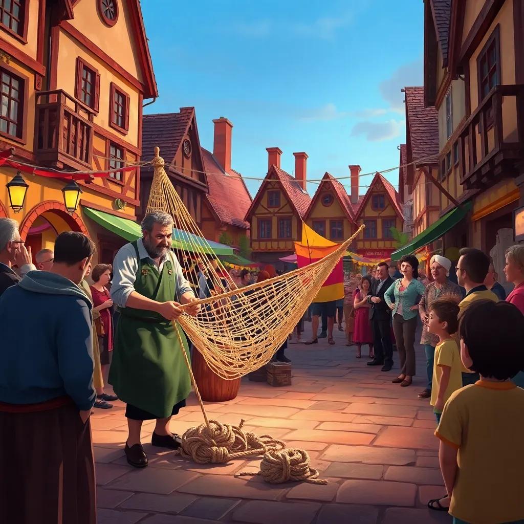 The tailor making a big net from ropes, surrounded by excited townsfolk watching, a lively town square, warm colors, inviting atmosphere
