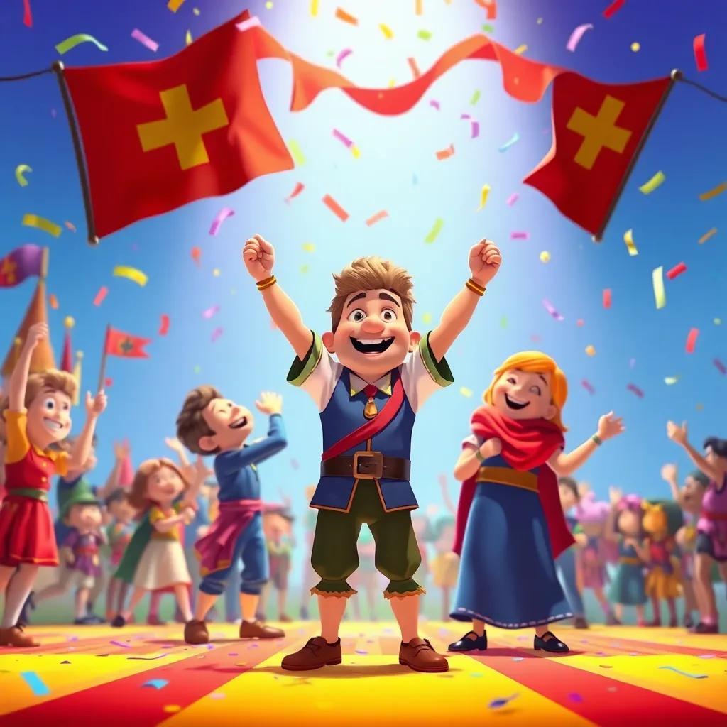The kingdom celebrating the little tailor's victory, with flags, cheers, and confetti in the air, bright colors, joyous scene, colorful