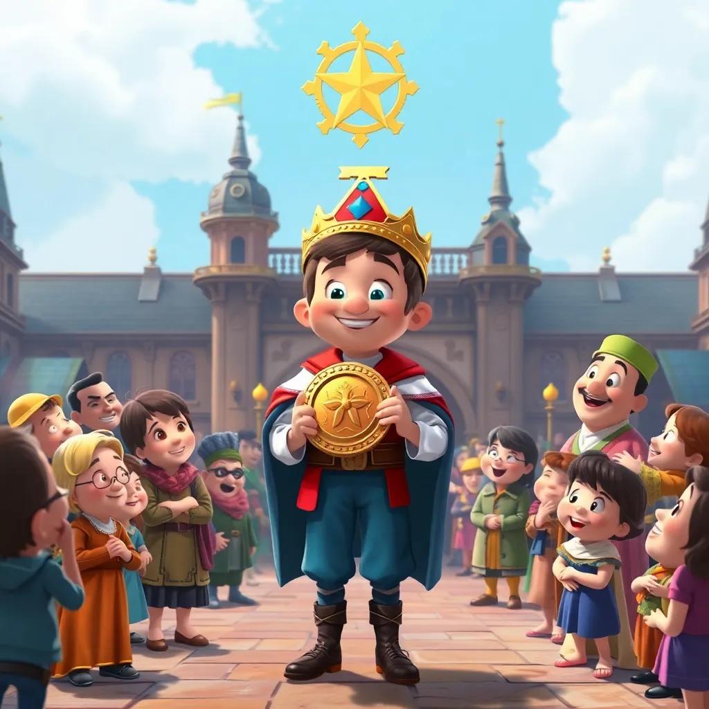 The little tailor receiving a gold medal from the king, surrounded by happy townsfolk, a royal courtyard, amazing detail, uplifting