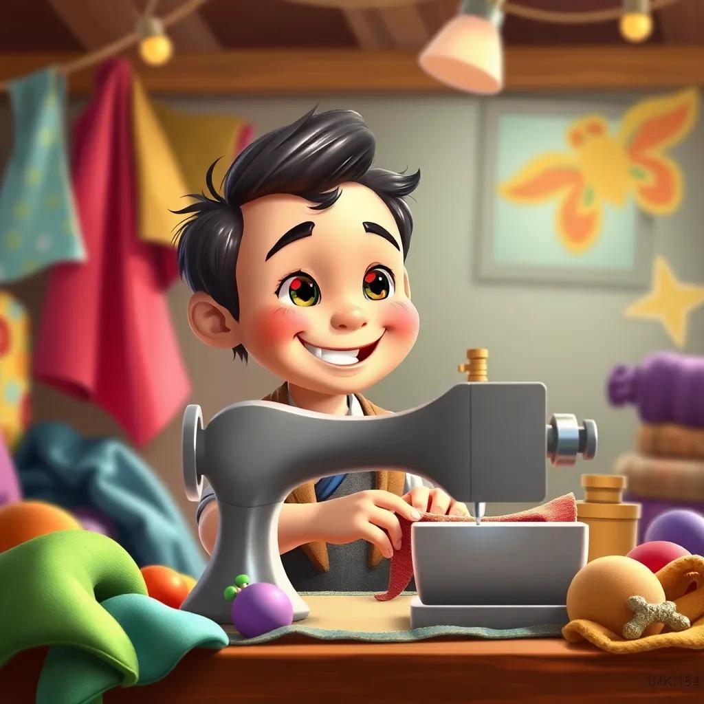 The little tailor smiling with a sewing machine and colorful fabrics around him, creating magical adventures from his stitches, cheerful colors, heartwarming scene