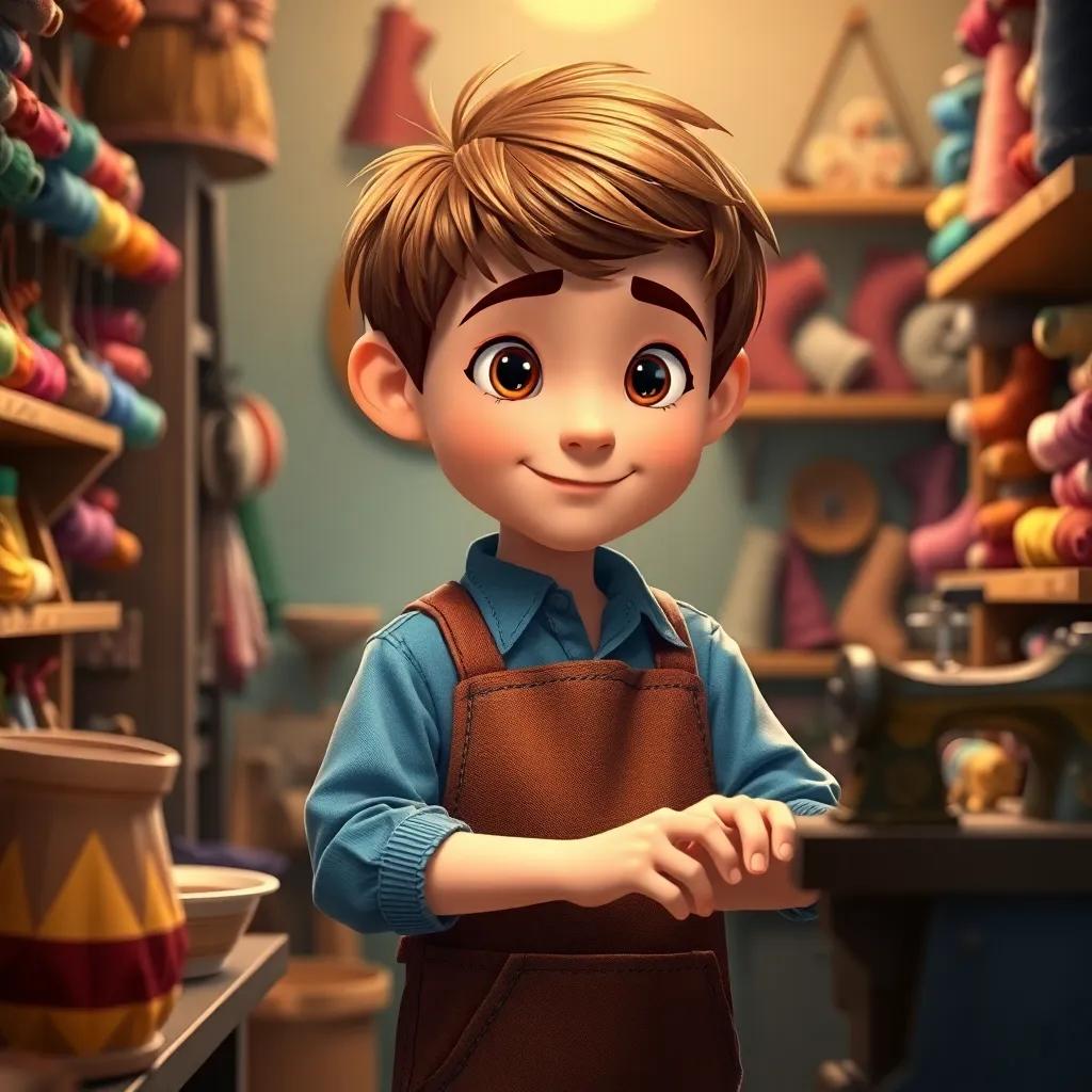 A small tailor named Tim, with short brown hair, wearing a blue shirt and brown apron, working in a cozy shop filled with colorful threads, warm light, inviting, detailed, cheerful atmosphere