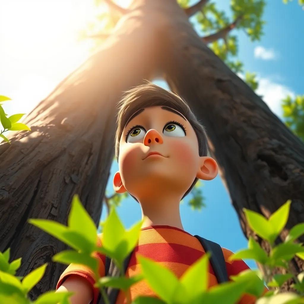 Tim looking up from a tall tree, with a determined expression as he sees the giants coming, bright sunny sky, green leaves around him, adventurous, vibrant colors, detailed, high angle view