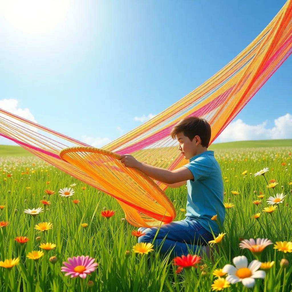 Tim weaving a giant colorful net in a grassy field, with bright flowers around, focused and creative, sunlight shining down, cheerful colors, detailed, calm perspective