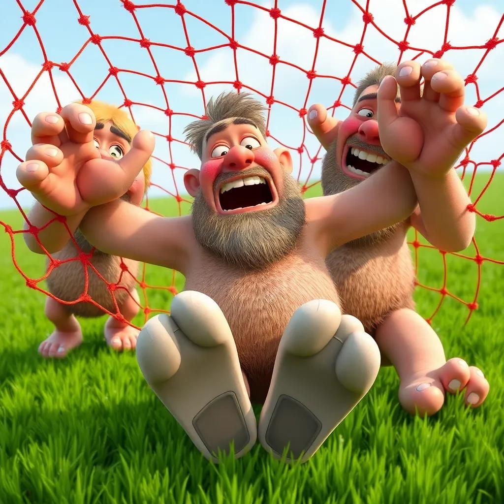 The giants, big and clumsy, with big feet and loud laughter, caught in a colorful net, confused expressions on their faces, green field in the background, humorous, vibrant colors, detailed
